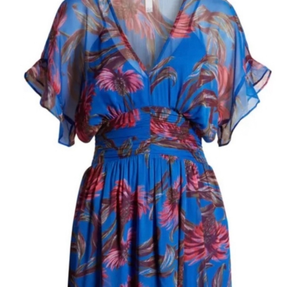 NWT Leith Botanical Print Maxi Dress Chiffon Blue Diver Island Floral.